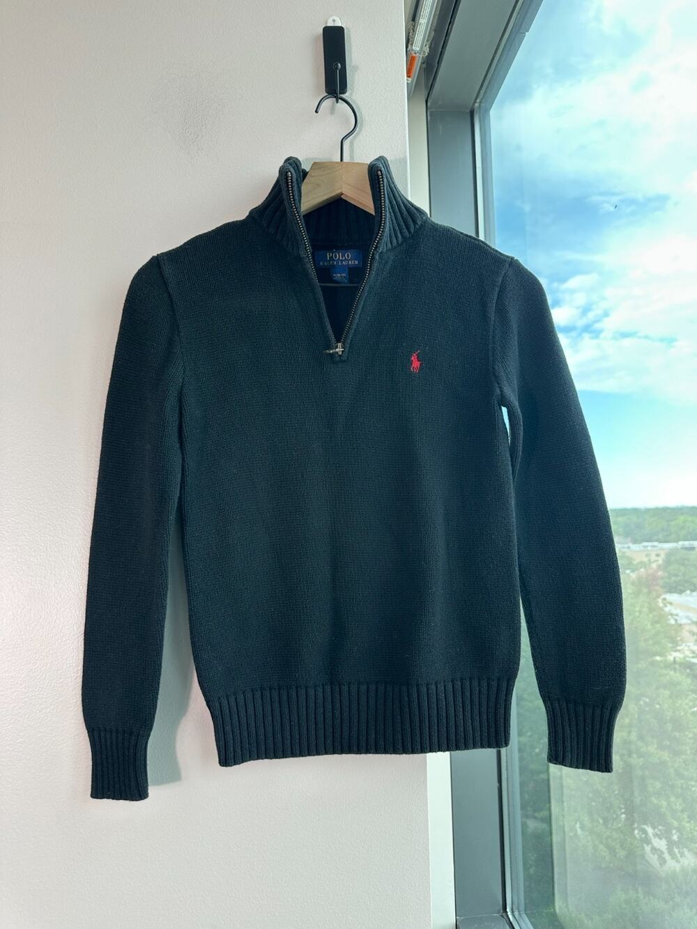 Polo Ralph Lauren Academia Black Quarter-Zip 100% Cotton Sweater Kids M 10-12